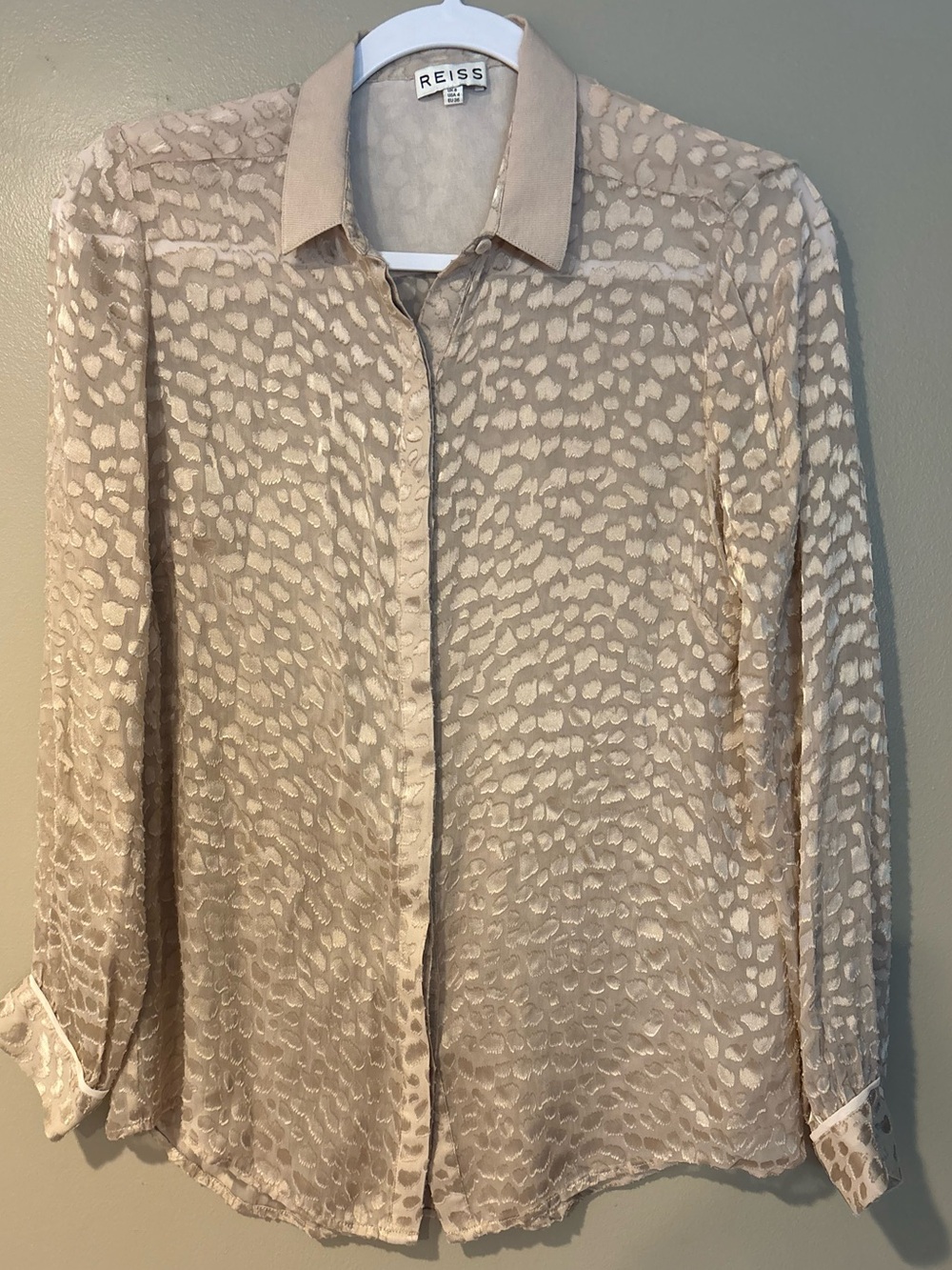REISS amazon devore burnout animal print button up silk neutral collared blouse